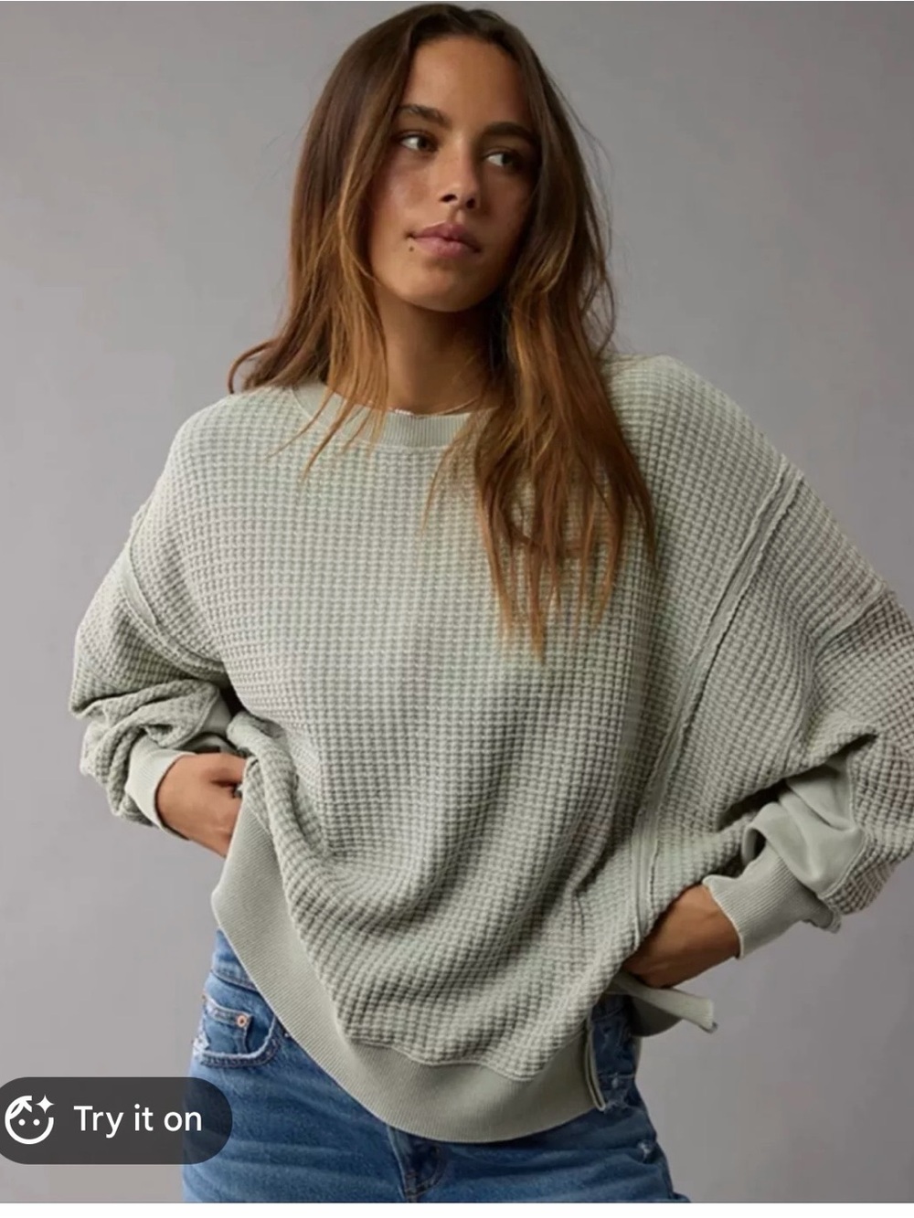 American Eagle This Feels Seriously Lived-In Waffle-Knit Oversized Pullover - L